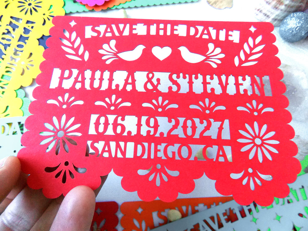 Save the date in papel picado Mexican wedding style with love birds and colorful cardstock