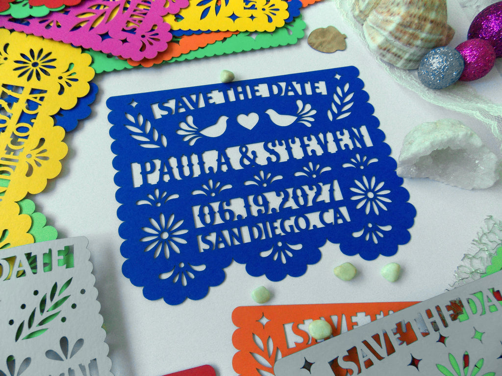 Save the date in papel picado Mexican wedding style with love birds and colorful cardstock