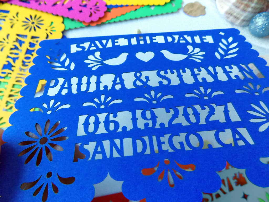 Save the date in papel picado Mexican wedding style with love birds and colorful cardstock