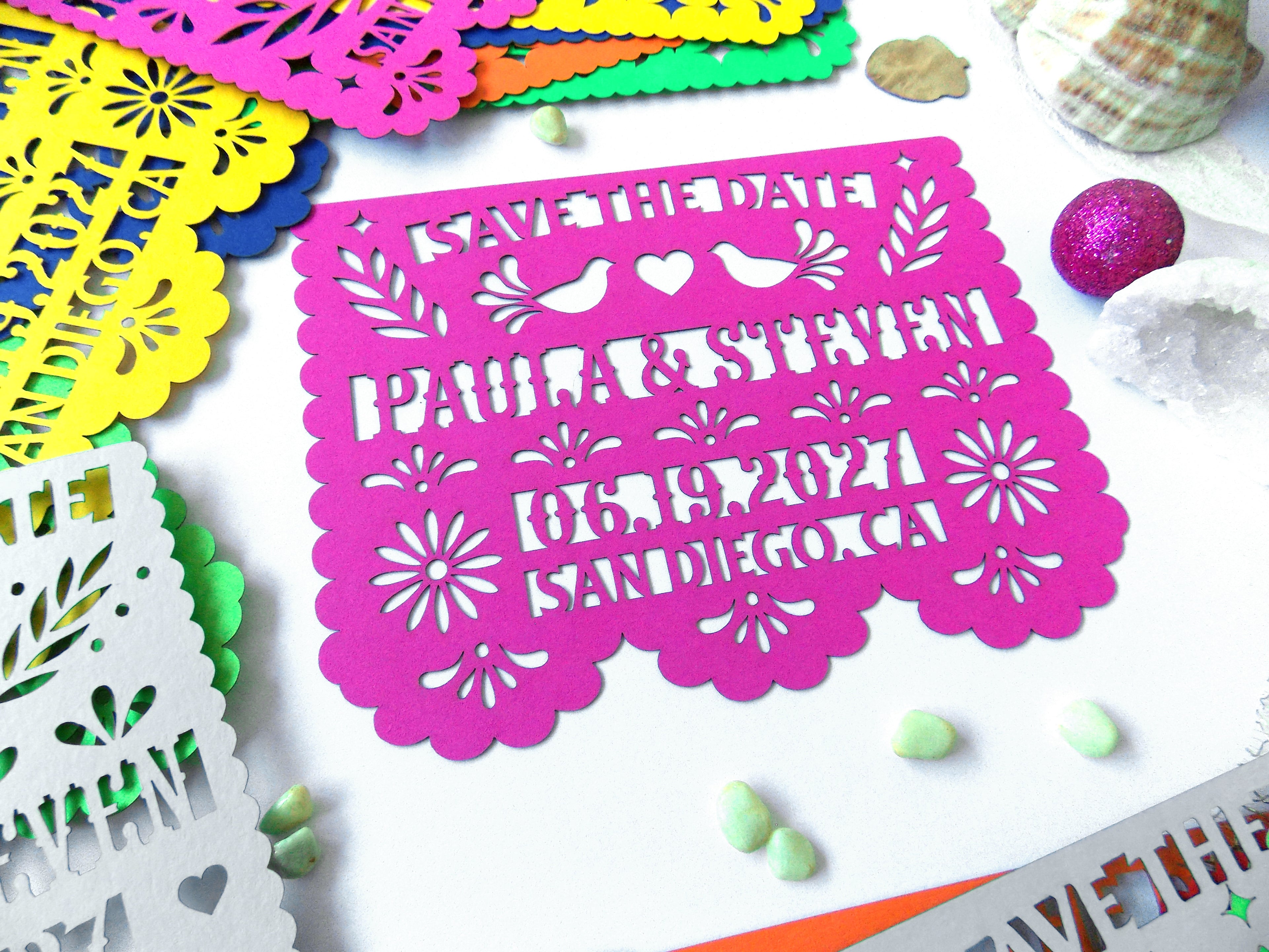 Save the date in papel picado Mexican wedding style with love birds and colorful cardstock