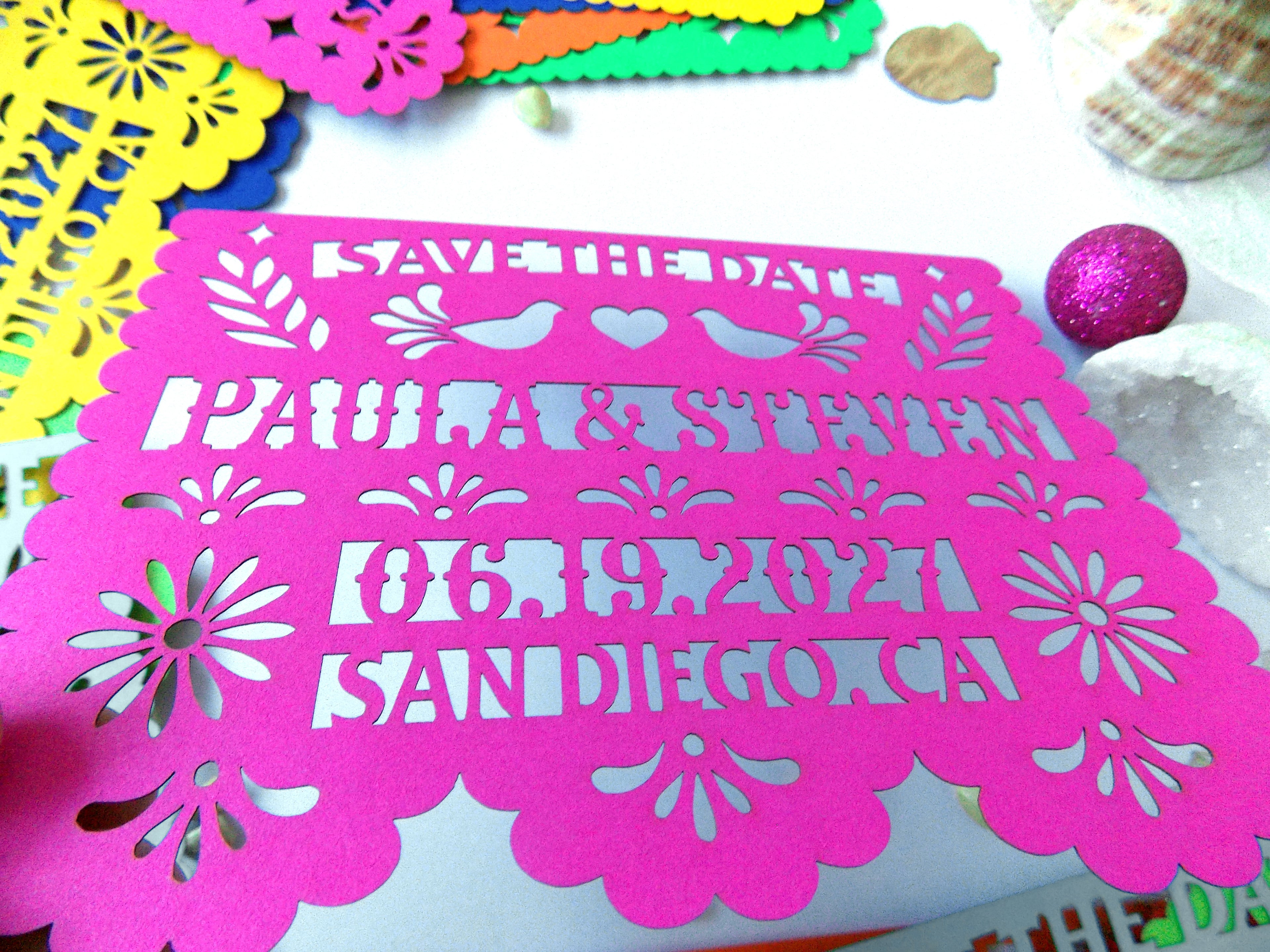 Save the date in papel picado Mexican wedding style with love birds and colorful cardstock