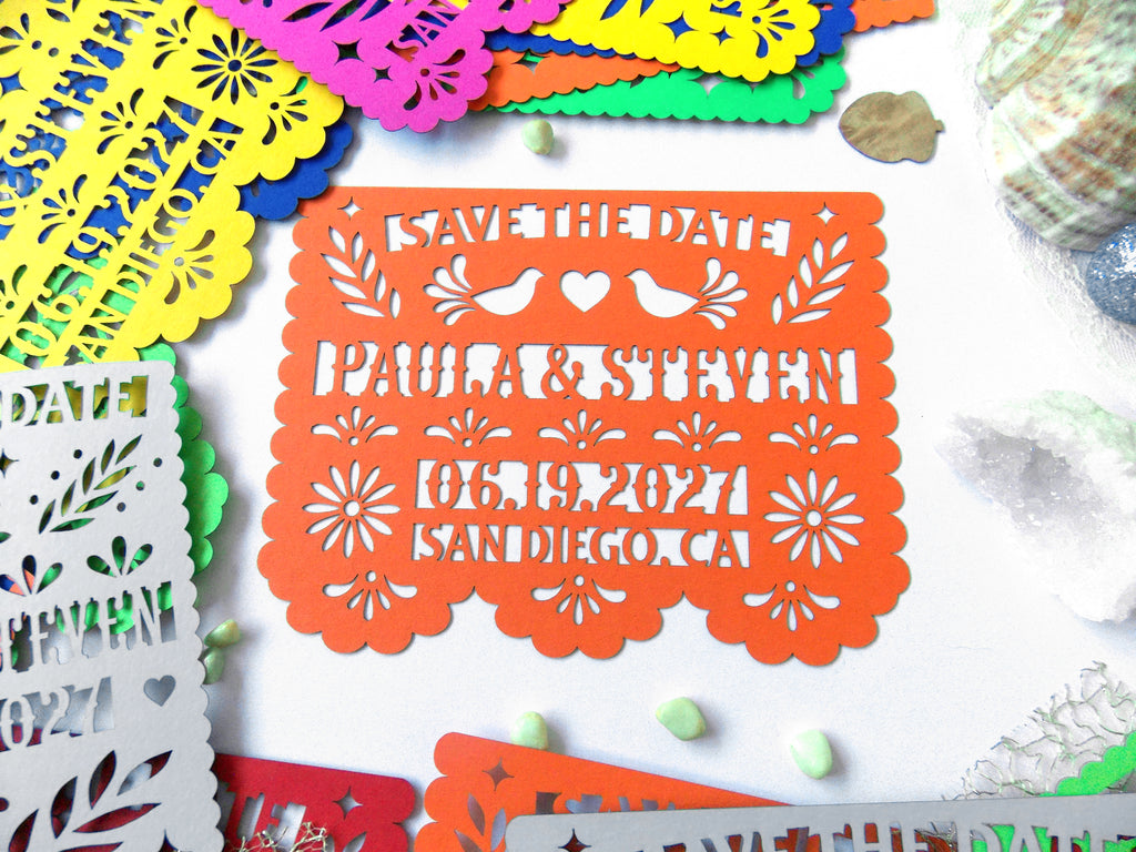 Save the date in papel picado Mexican wedding style with love birds and colorful cardstock