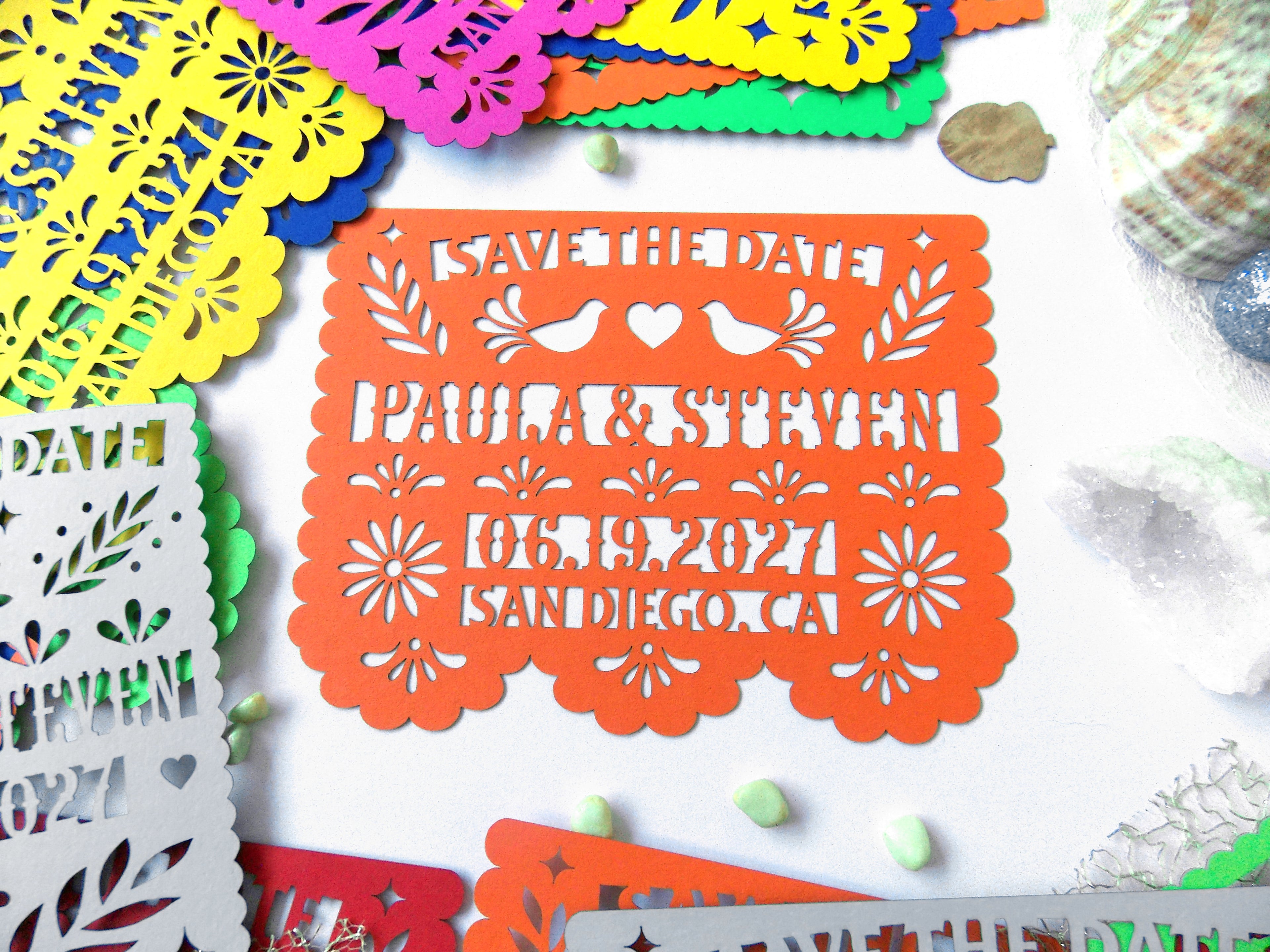 Save the date in papel picado Mexican wedding style with love birds and colorful cardstock