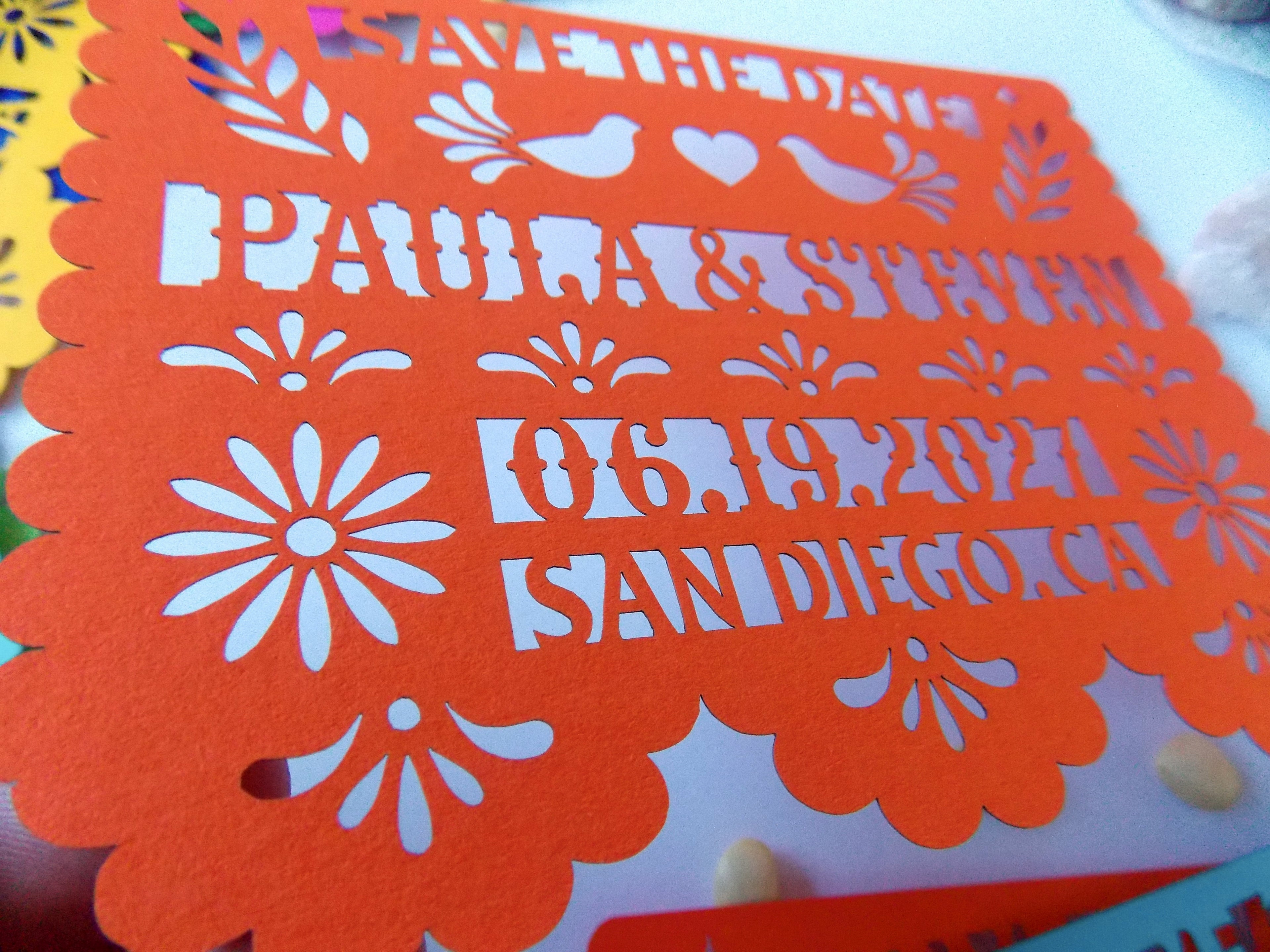 Save the date in papel picado Mexican wedding style with love birds and colorful cardstock