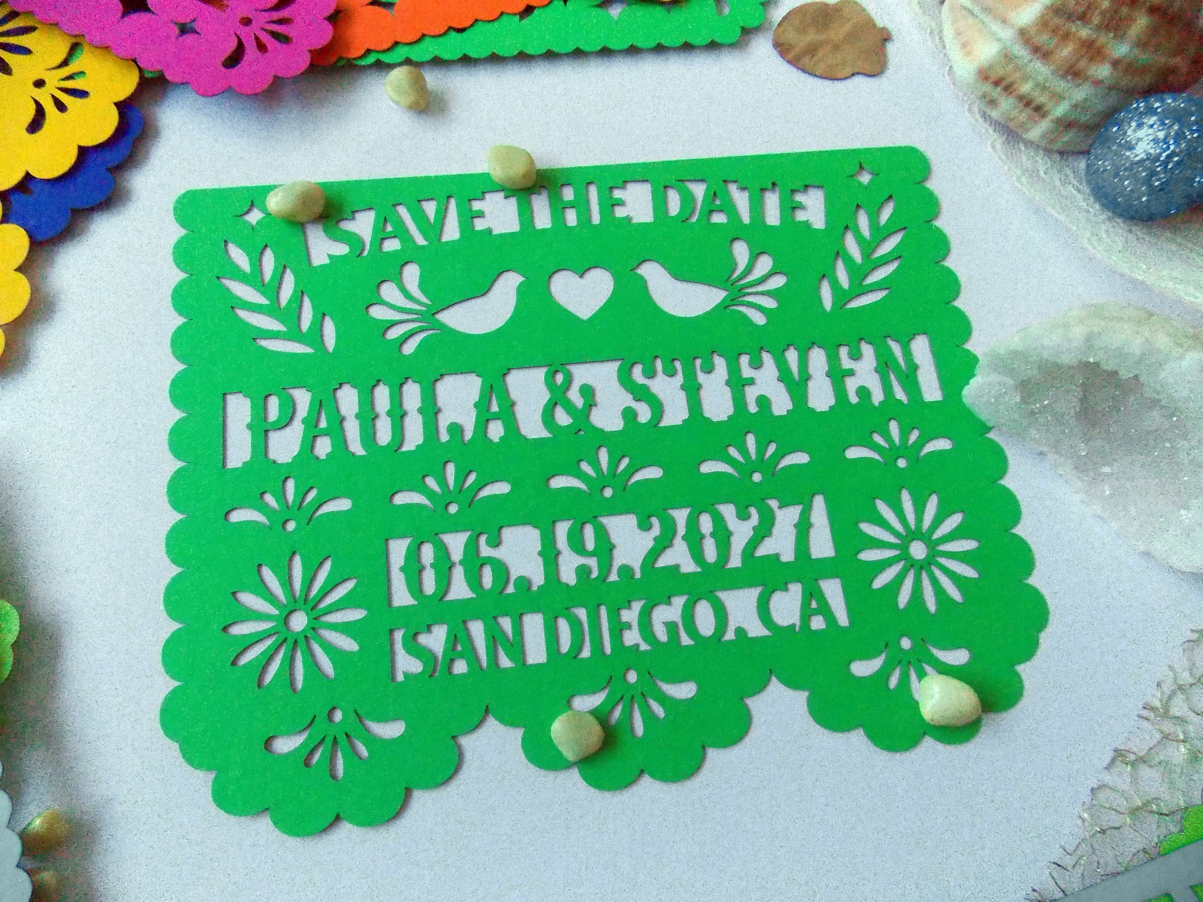 Save the date in papel picado Mexican wedding style with love birds and colorful cardstock
