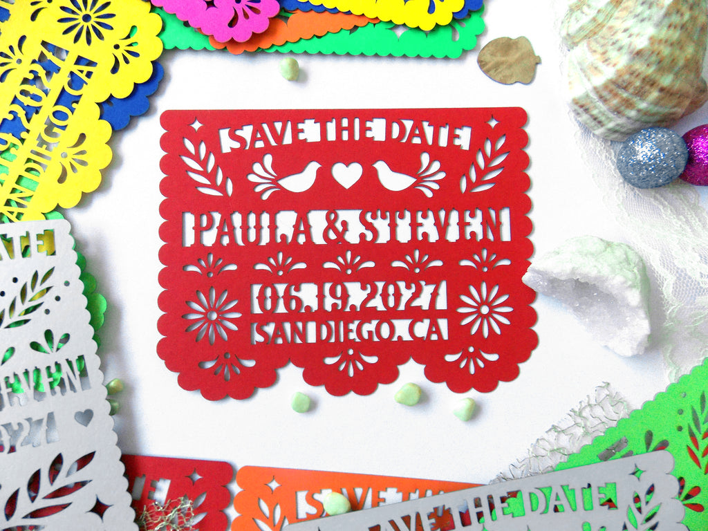 Save the date in papel picado Mexican wedding style with love birds and colorful cardstock