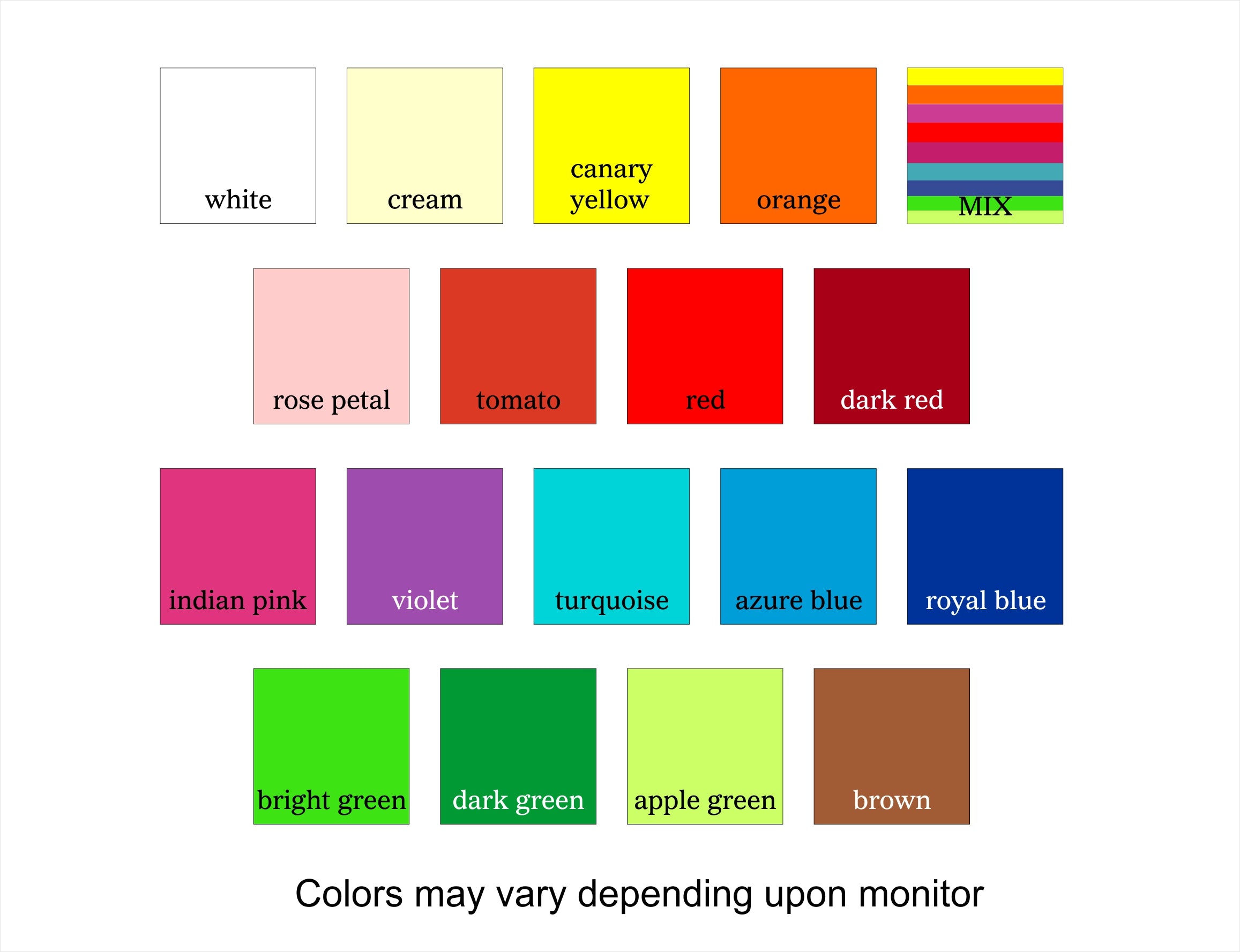 Color swatches with labels for various colors on a white background
