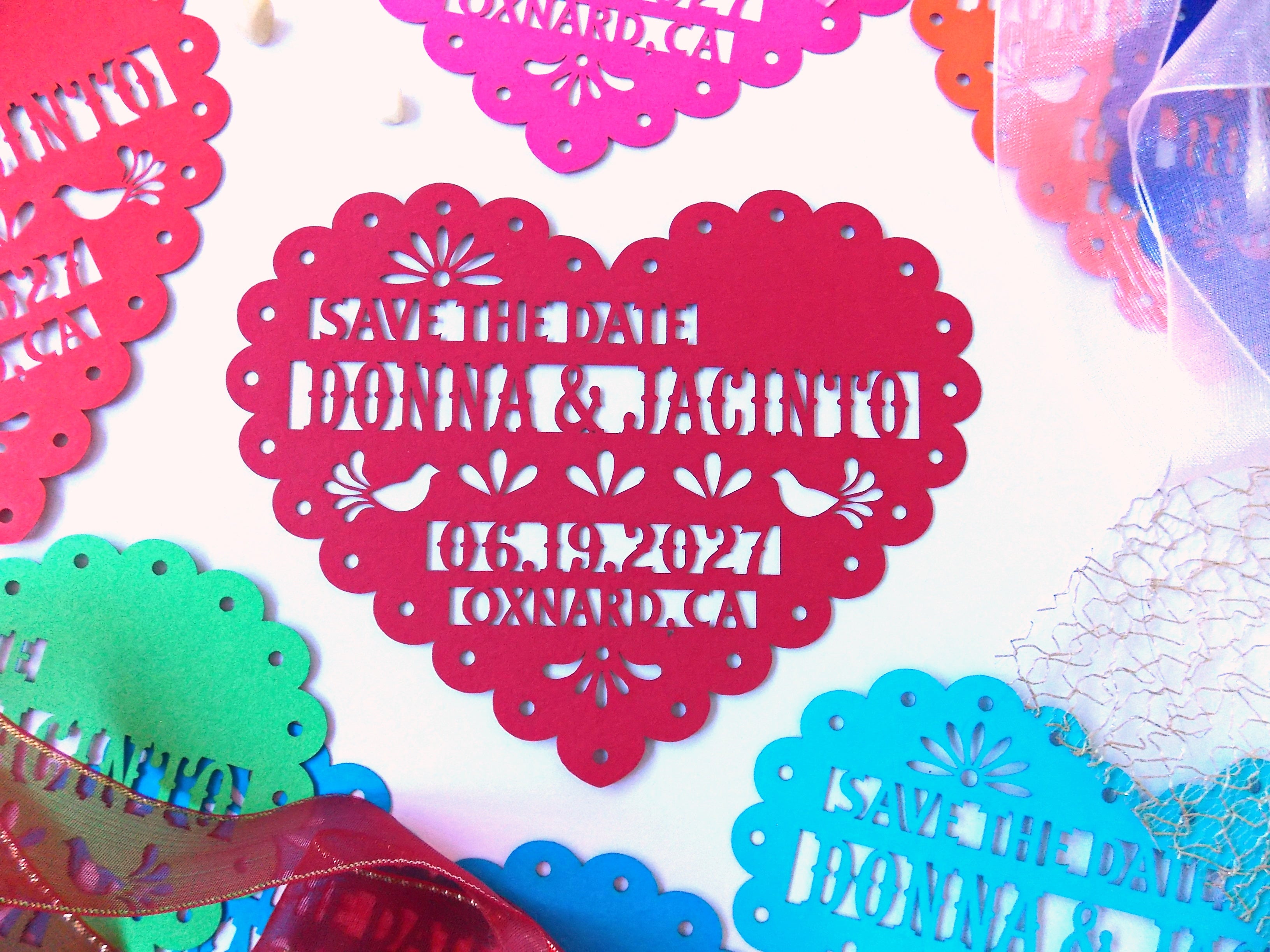 Save the date magnet in papel picado heart design, Mexico save the date on colorful cardstock, Mexico invitation, Fiesta invite