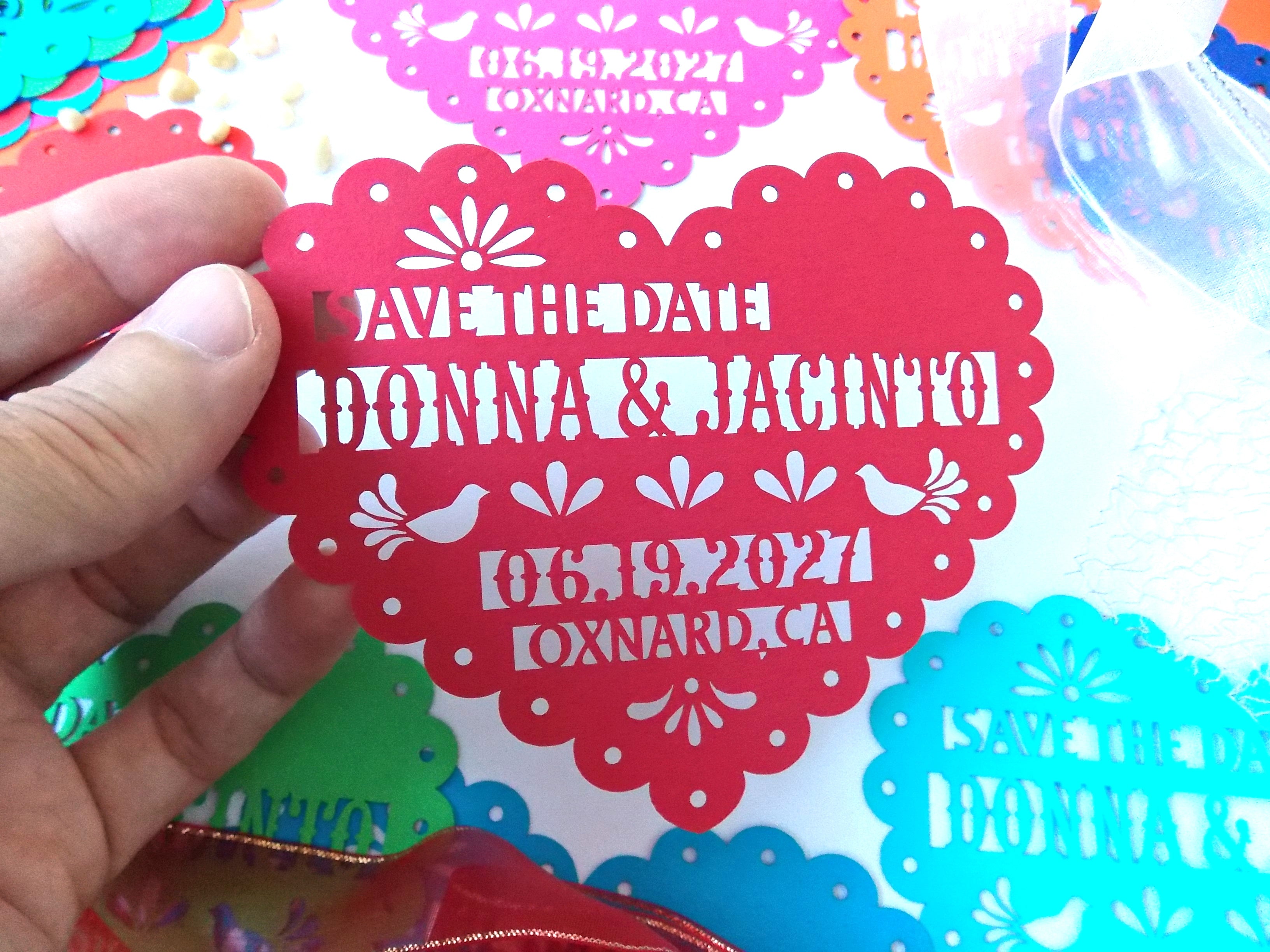 Save the date magnet in papel picado heart design, Mexico save the date on colorful cardstock, Mexico invitation, Fiesta invite