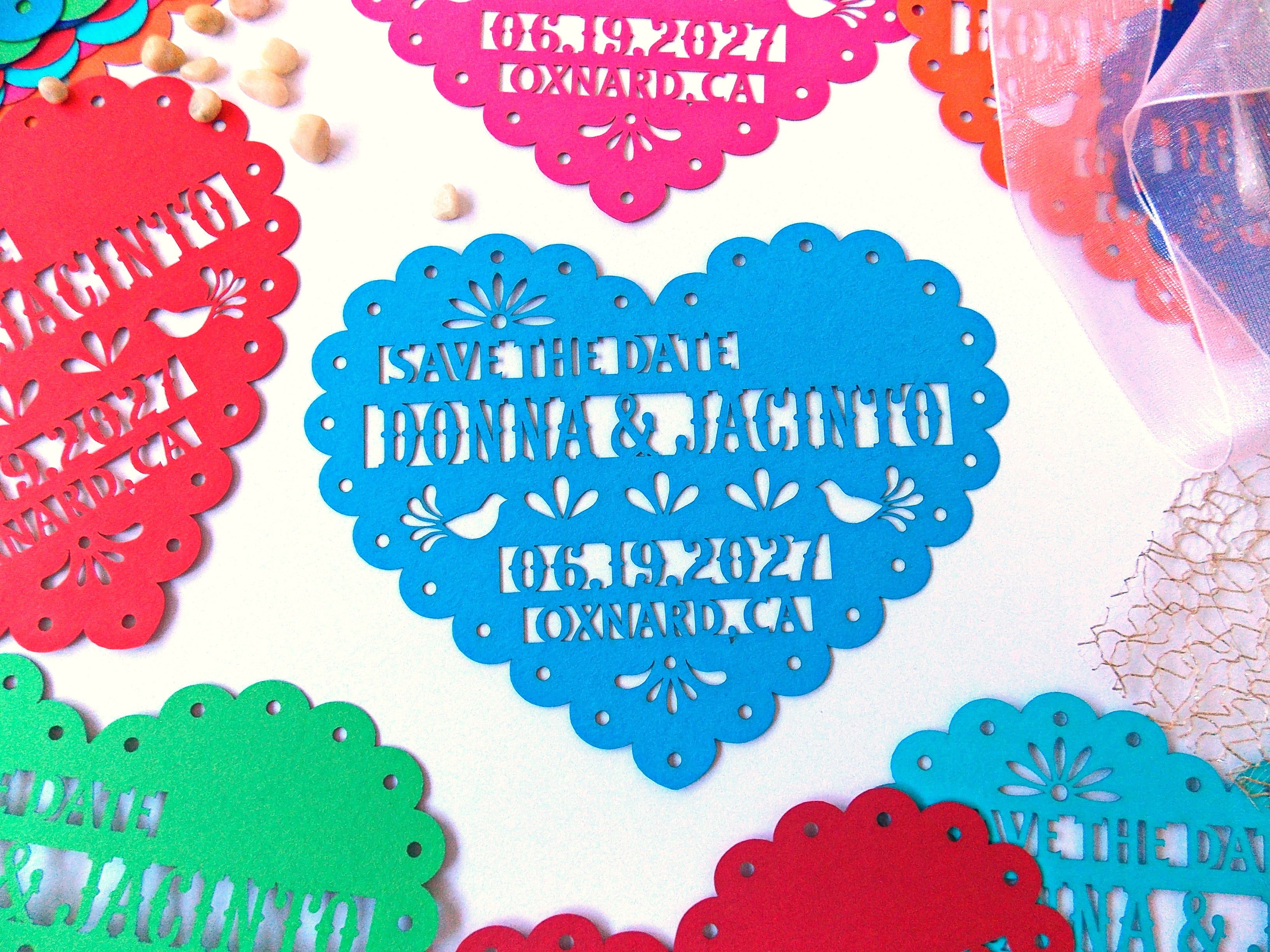 Save the date magnet in papel picado heart design, Mexico save the date on colorful cardstock, Mexico invitation, Fiesta invite