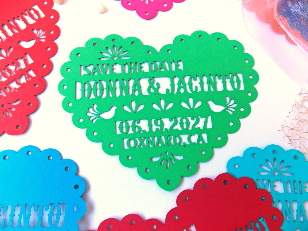 Save the date magnet in papel picado heart design, Mexico save the date on colorful cardstock, Mexico invitation, Fiesta invite