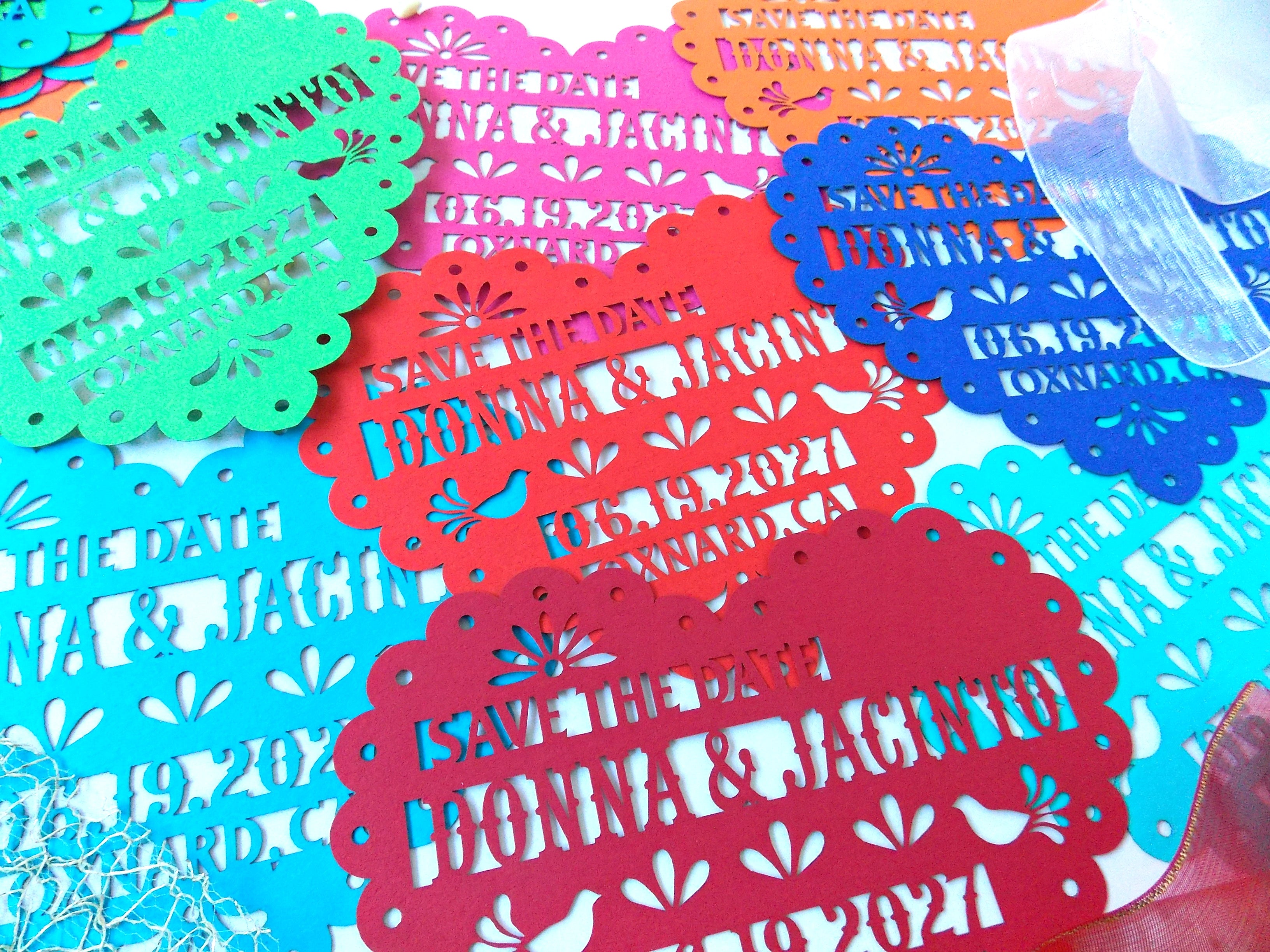 Save the date magnet in papel picado heart design, Mexico save the date on colorful cardstock, Mexico invitation, Fiesta invite