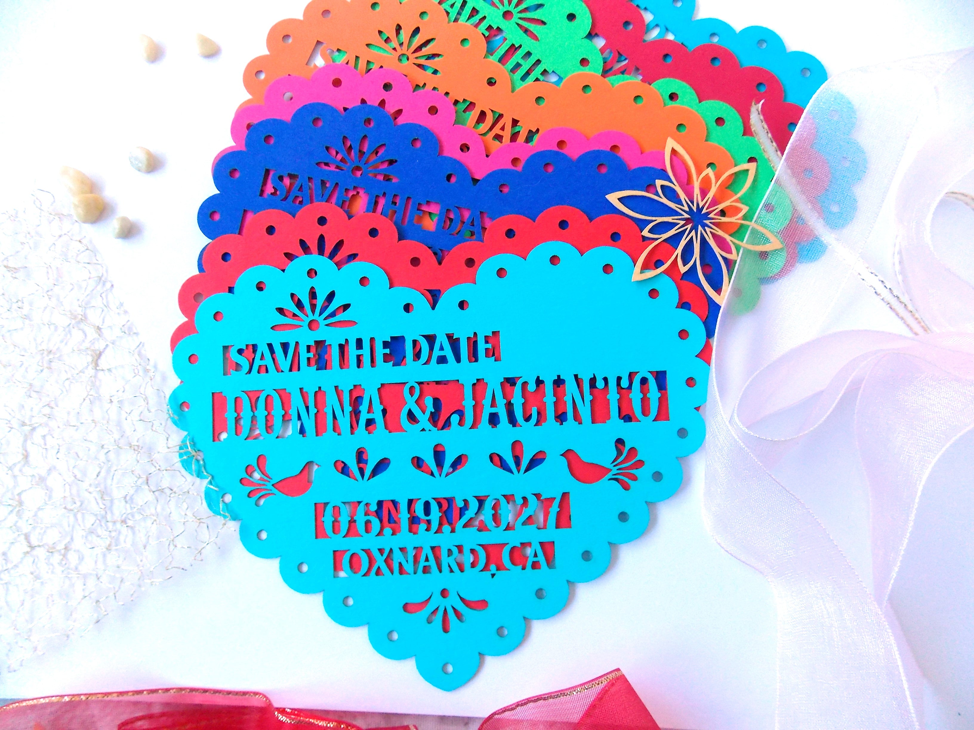Save the date magnet in papel picado heart design, Mexico save the date on colorful cardstock, Mexico invitation, Fiesta invite