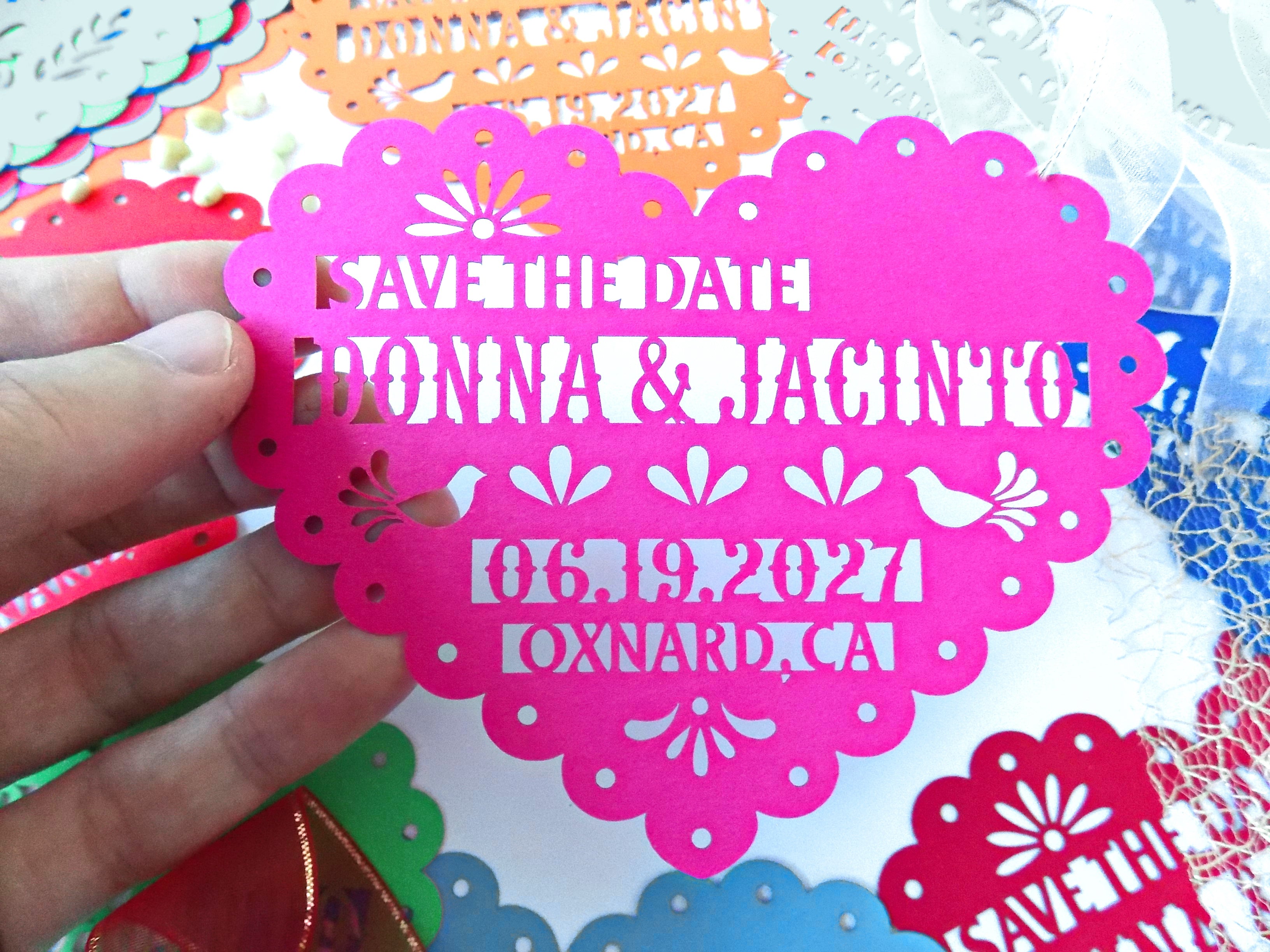 Save the date magnet in papel picado heart design, Mexico save the date on colorful cardstock, Mexico invitation, Fiesta invite