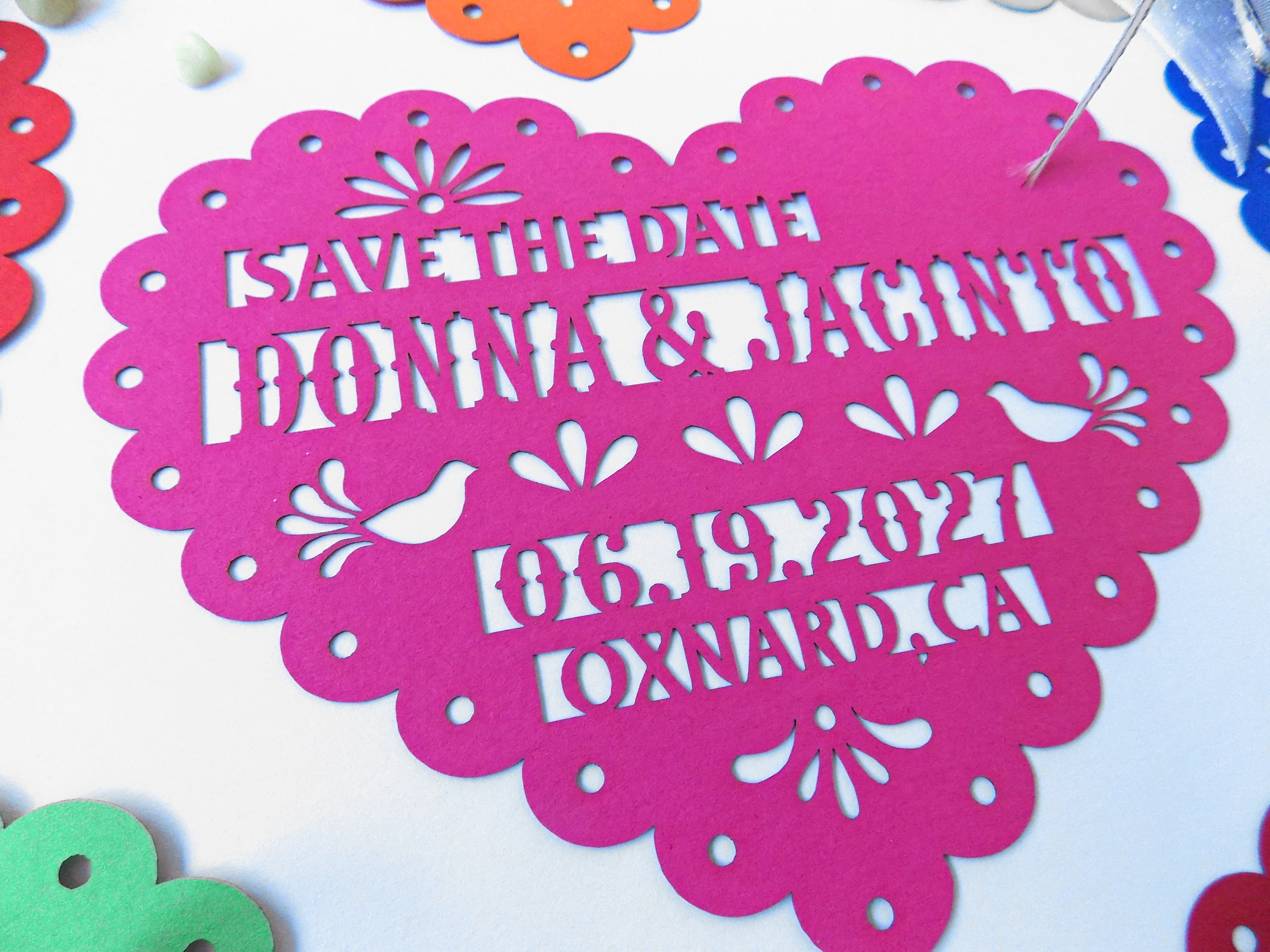 Save the date magnet in papel picado heart design, Mexico save the date on colorful cardstock, Mexico invitation, Fiesta invite