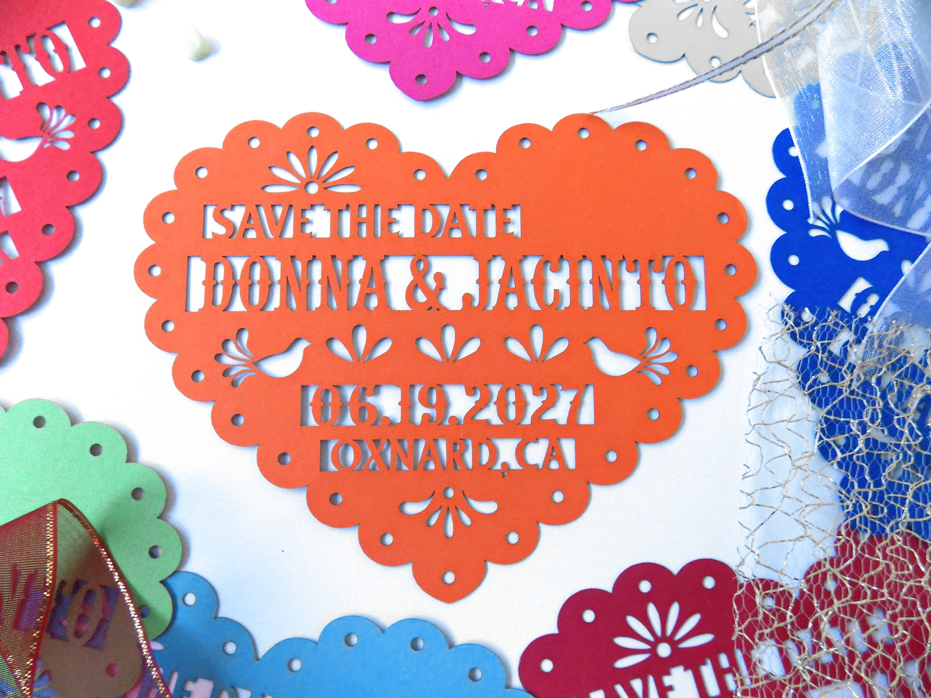 Save the date magnet in papel picado heart design, Mexico save the date on colorful cardstock, Mexico invitation, Fiesta invite