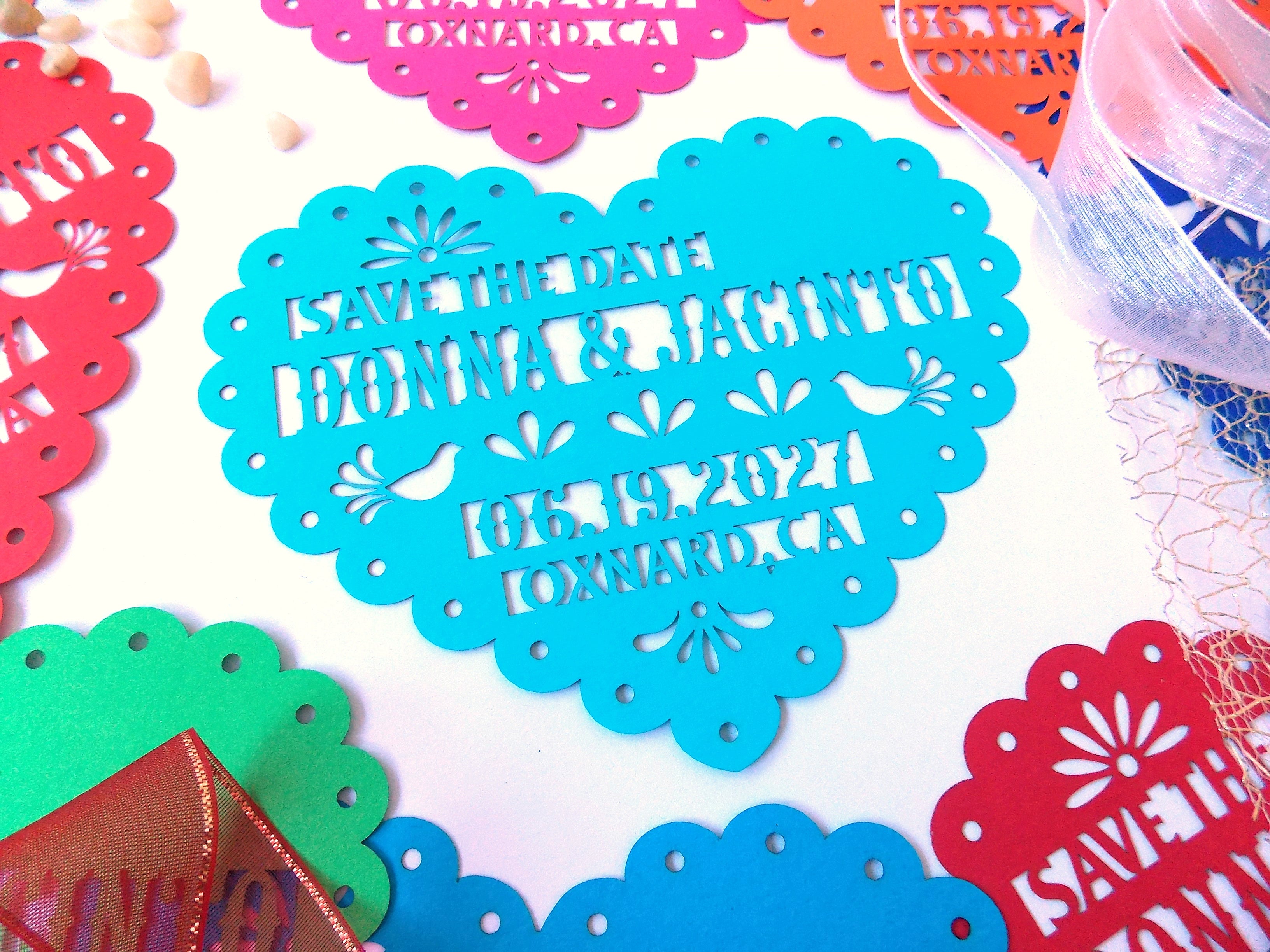 Save the date magnet in papel picado heart design, Mexico save the date on colorful cardstock, Mexico invitation, Fiesta invite