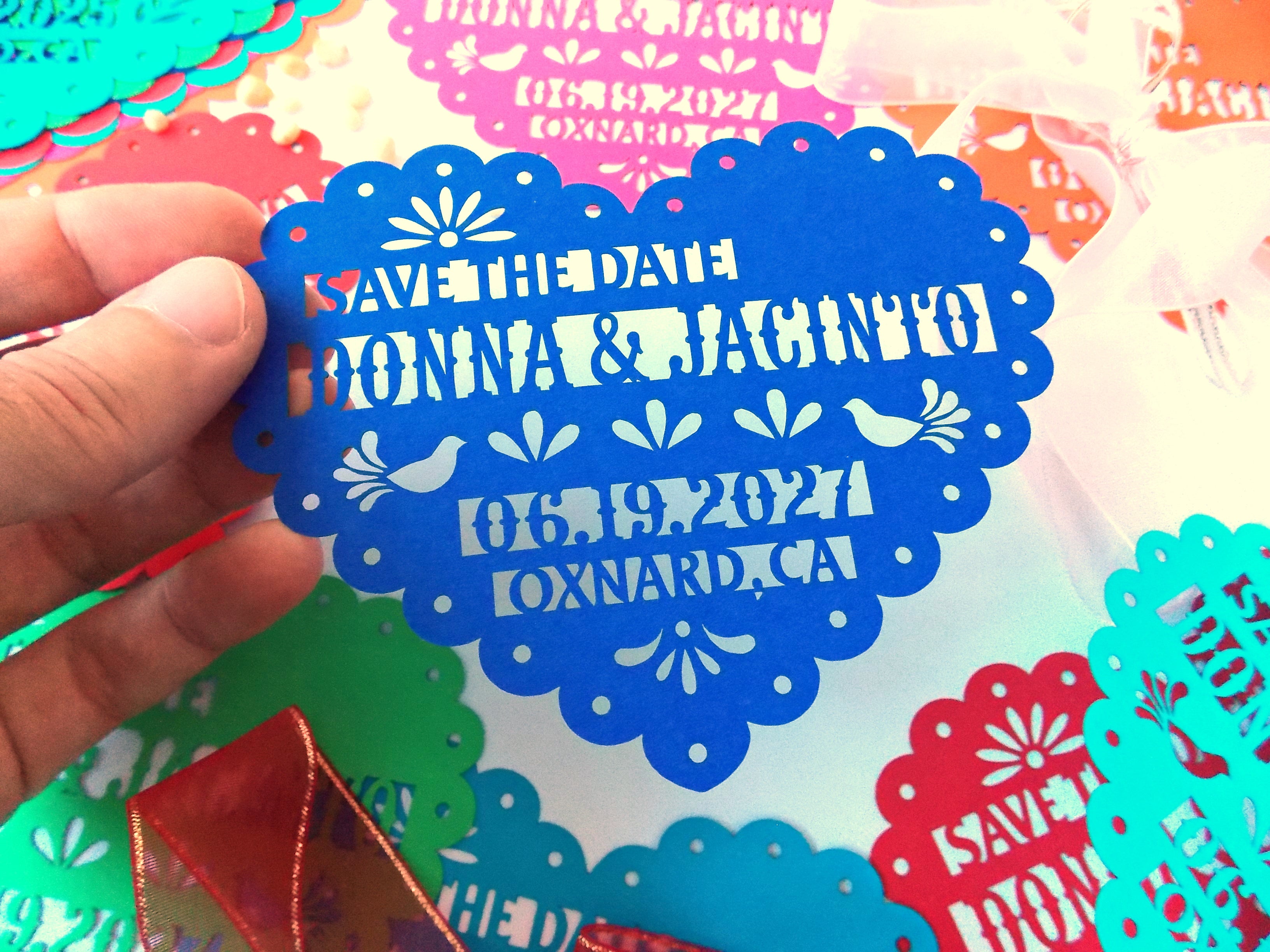 Save the date magnet in papel picado heart design, Mexico save the date on colorful cardstock, Mexico invitation, Fiesta invite