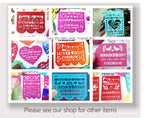 Collage of colorful printed cards and tags with text and designs.