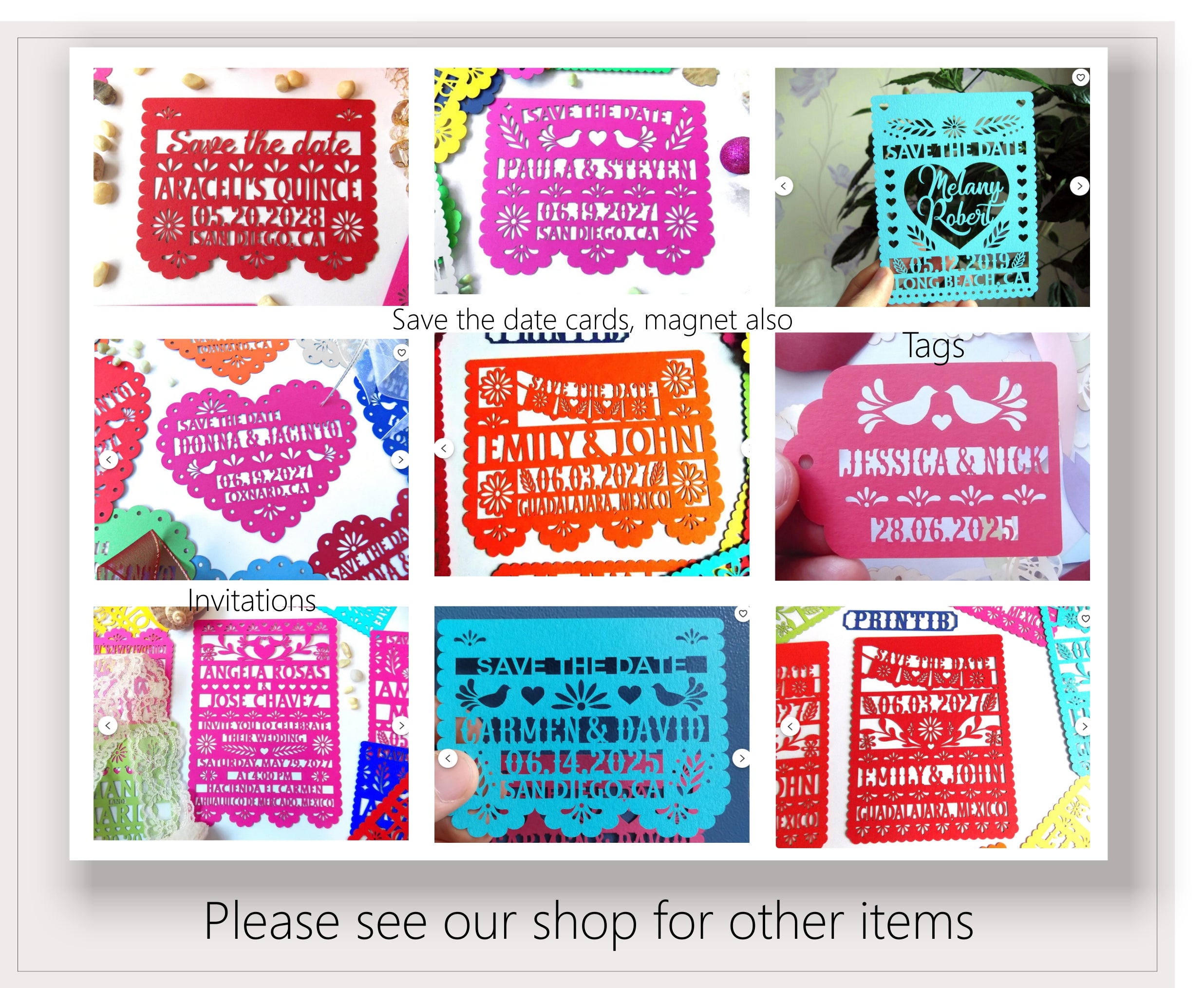 Collage of colorful printed cards and tags with text and designs.