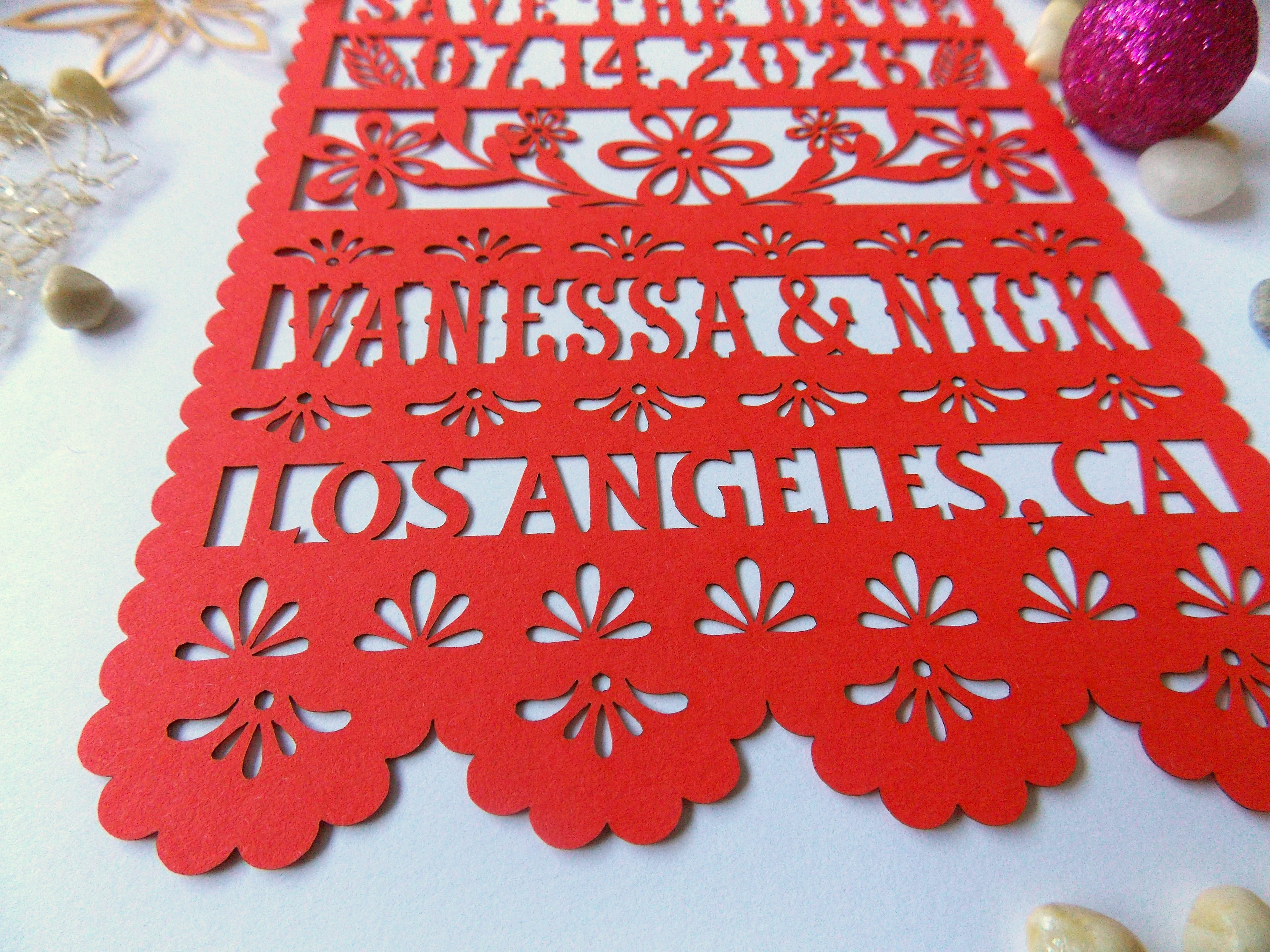 Save the date in papel picado style, mexican invitation