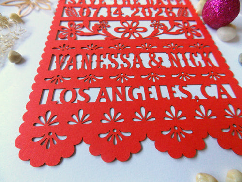 Save the date in papel picado style, mexican invitation