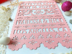 Pink  papel picado Save the Date card with floral cutouts on a decorative background