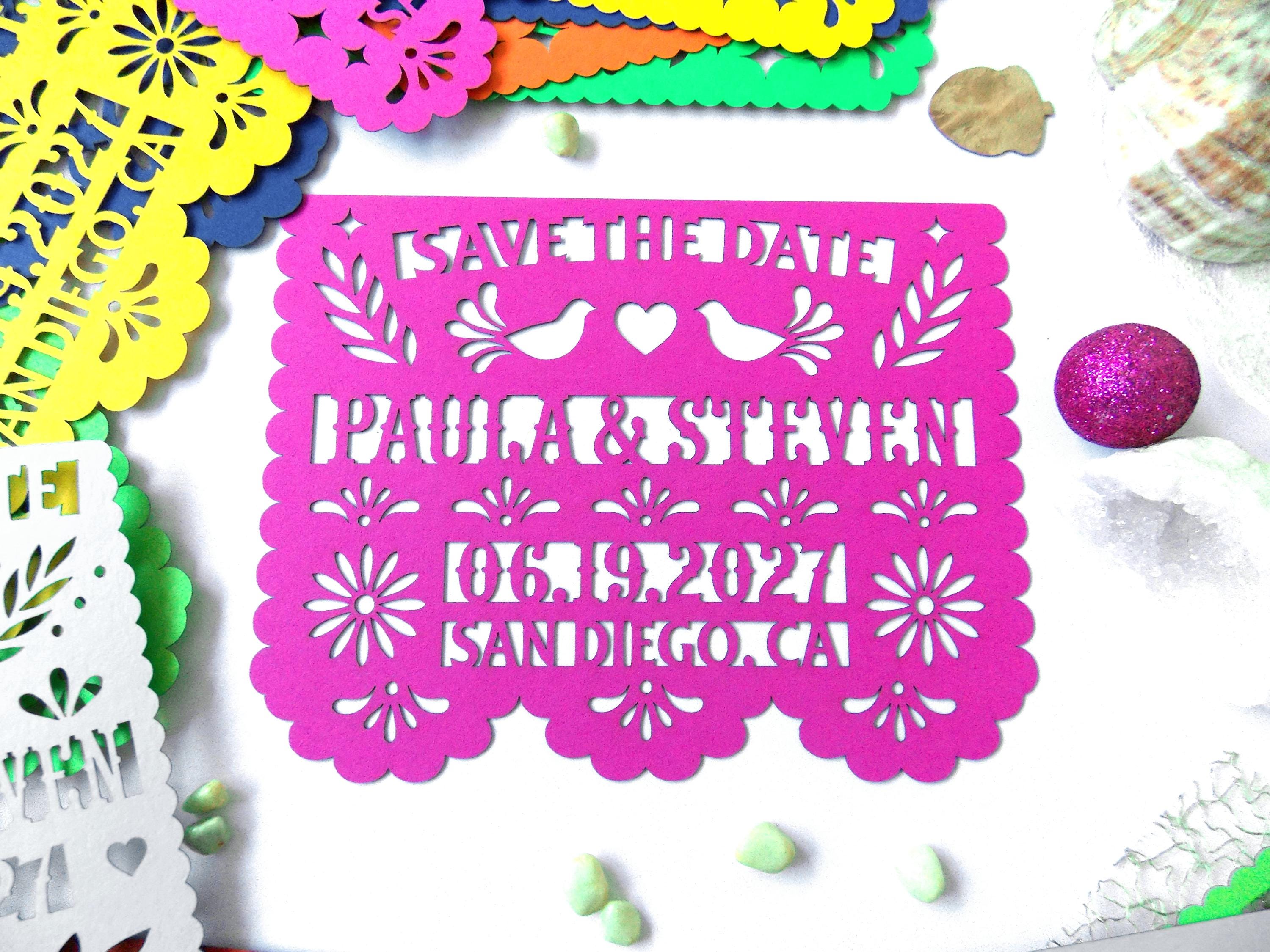 Save the date in papel picado Mexican wedding style with love birds and colorful cardstock