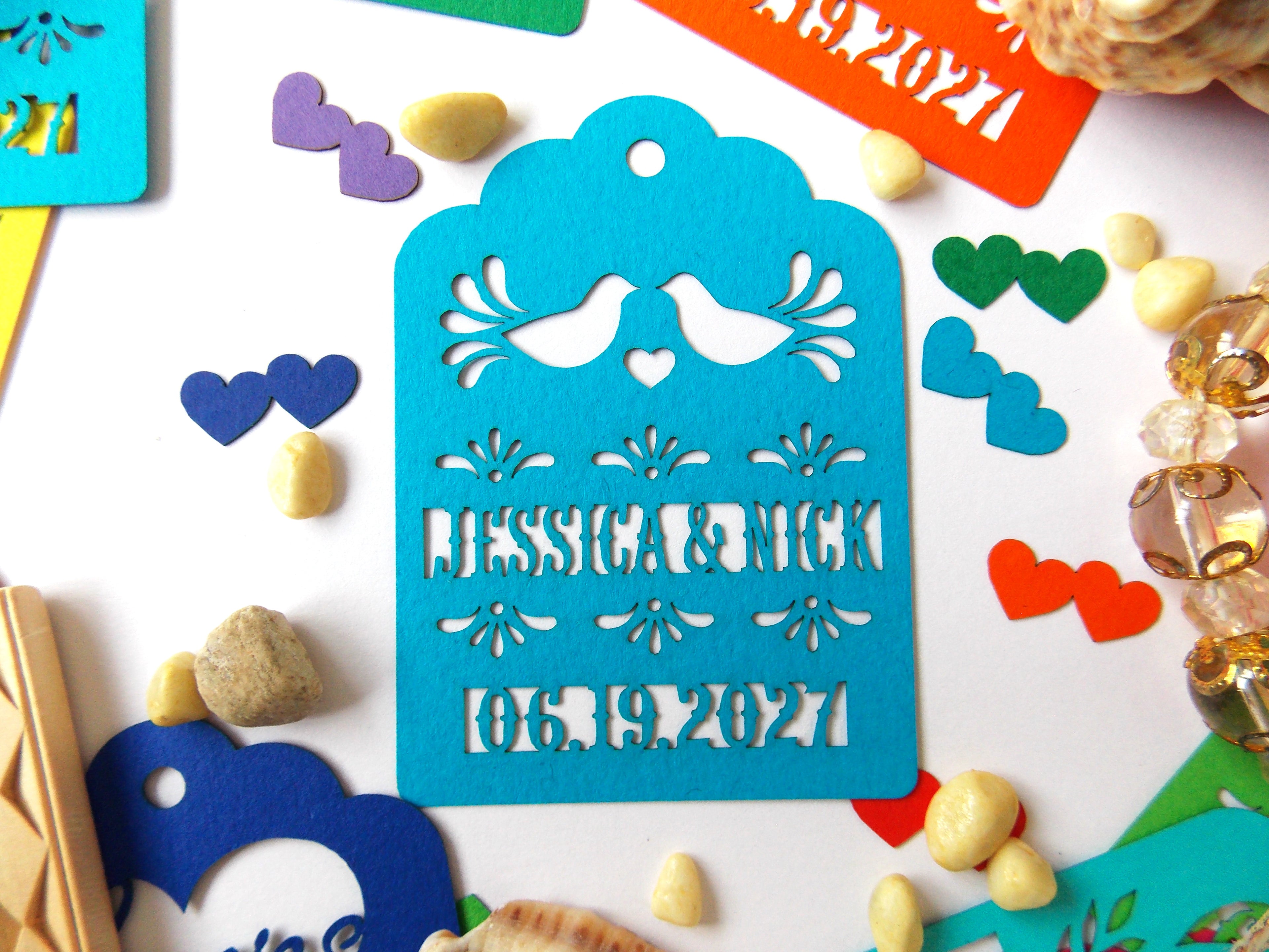 Custom Papel Picado Wedding Favor Tags: Personalized Mexican Fiesta Gifts tag, Mexico invitation