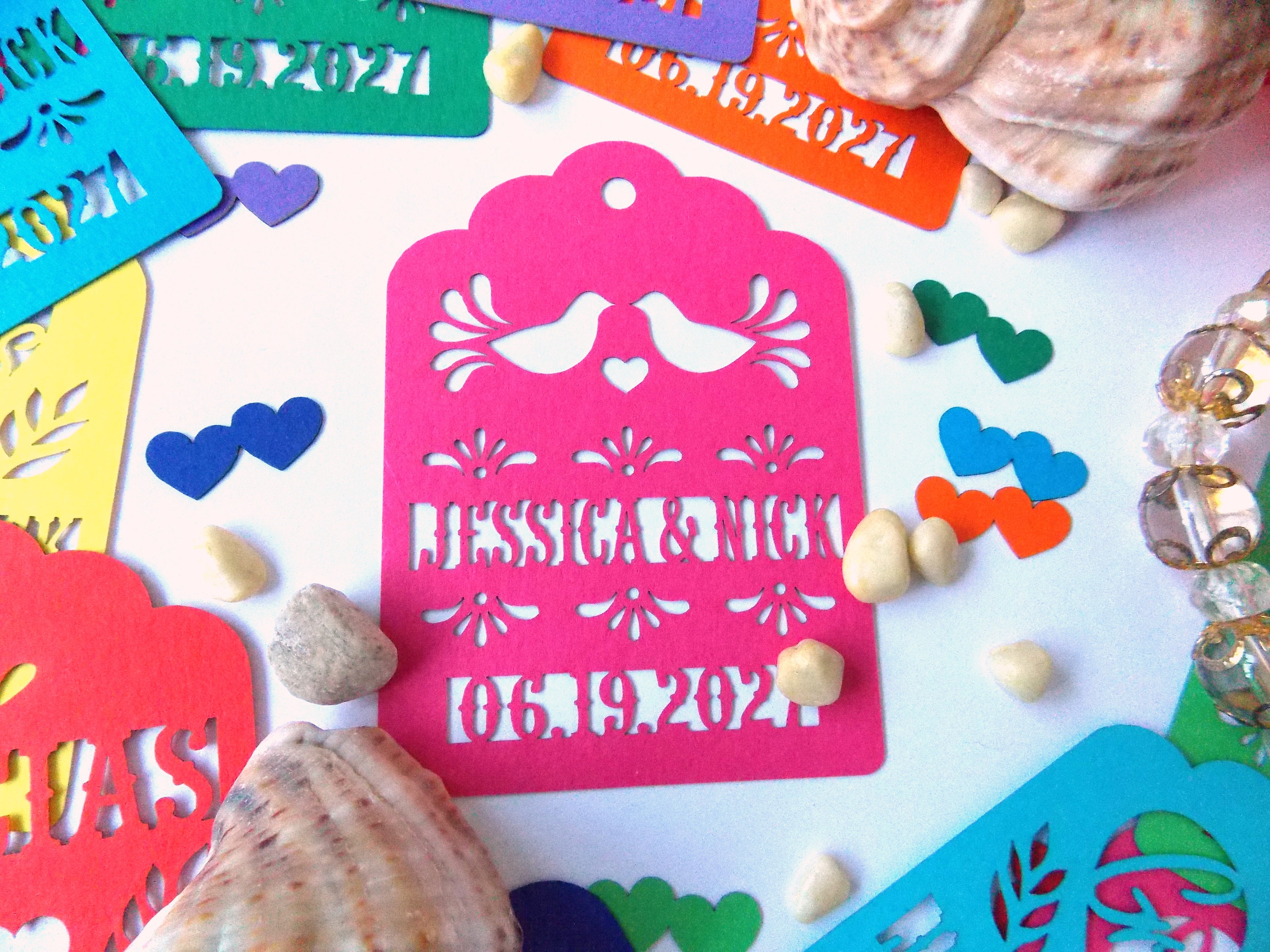 Custom Papel Picado Wedding Favor Tags: Personalized Mexican Fiesta Gifts tag, Mexico invitation